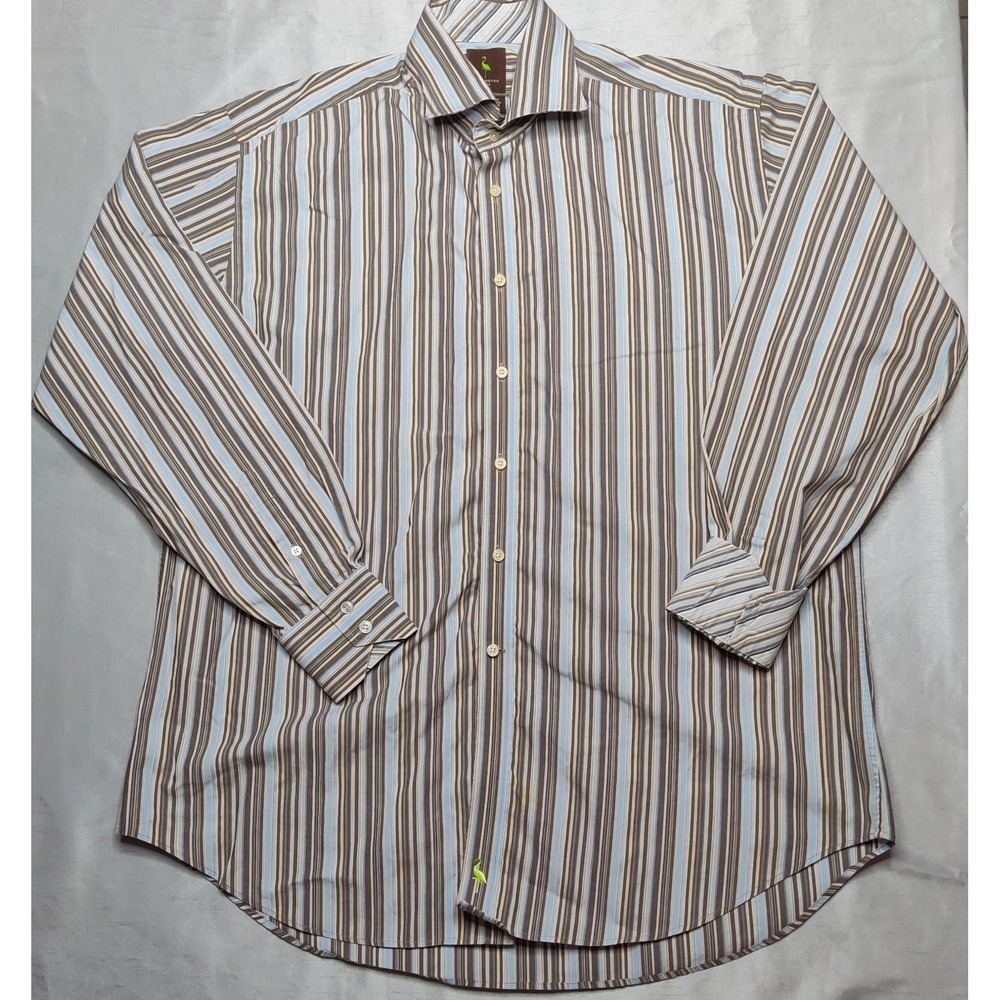 TAILORBYRD Men XL Brown Striped Cotton Button‎ Contrast Cuffs Shirt